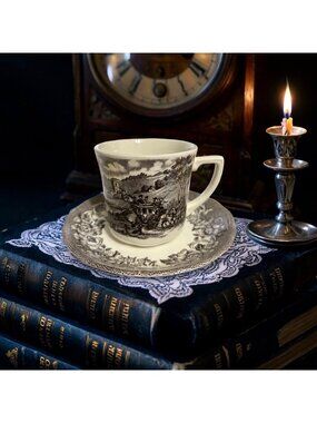 Antique J&G Meakin Stratford Stage Transferware Teacup & Saucer | Black Stafford